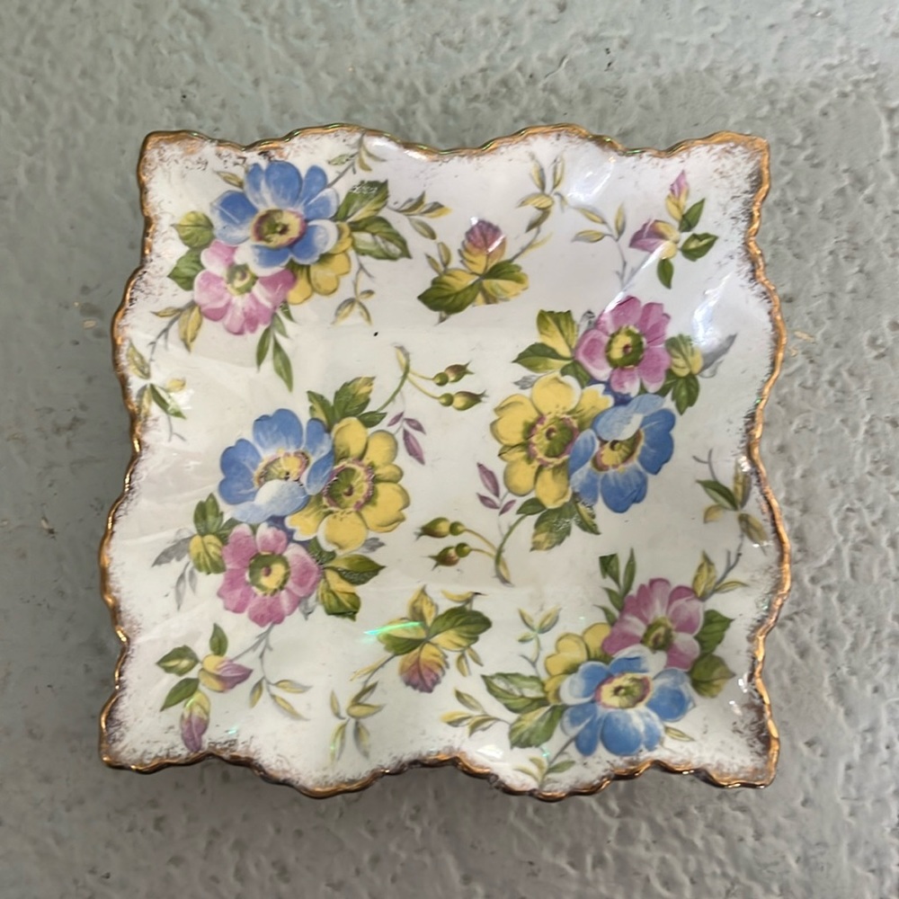 Vintage James Kent LTD Longton Blue Pink Yellow Floral Gold Gilded Square Dish